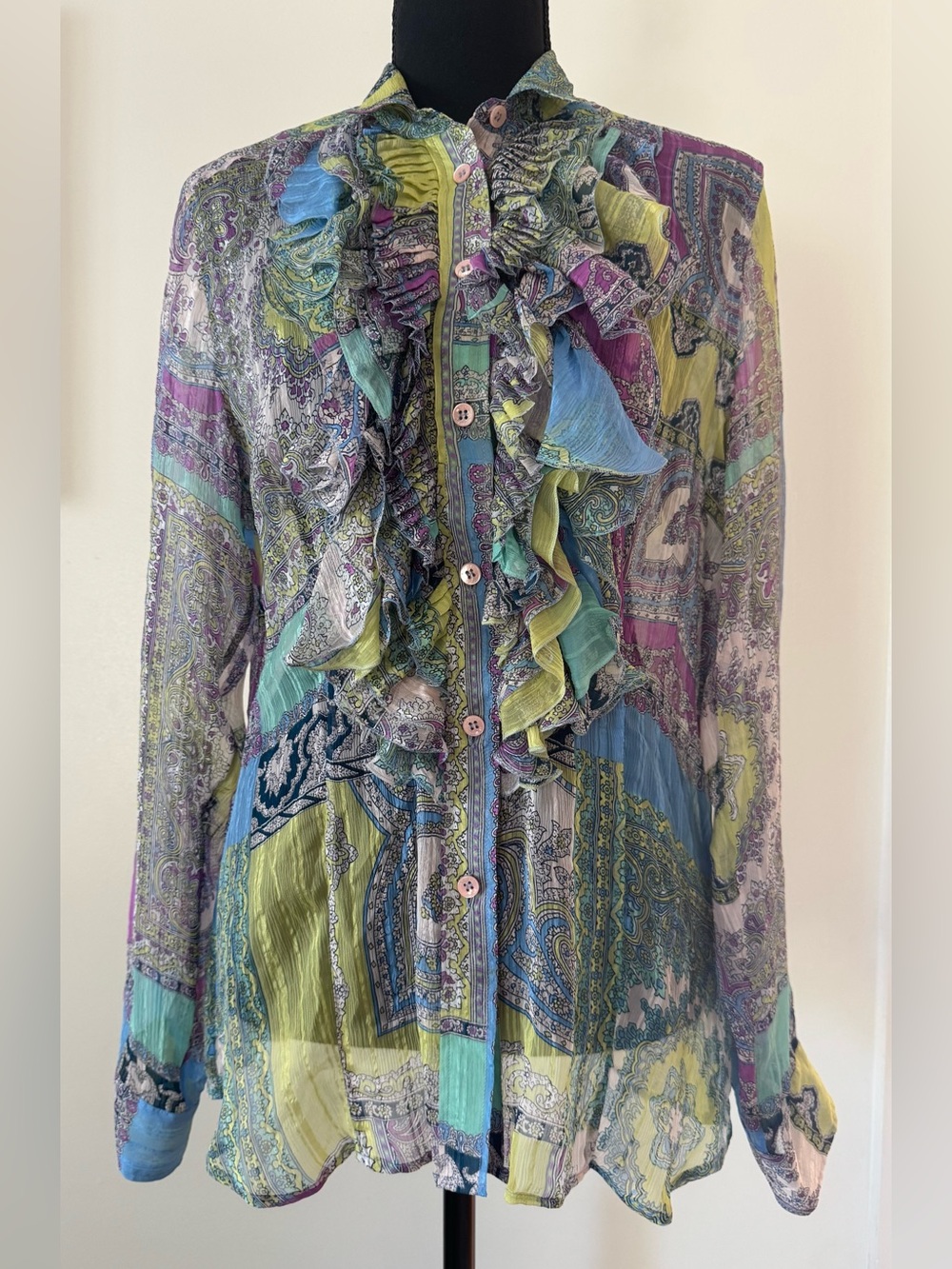 Etro silk paisley print ruffle sheer long sleeve button up blouse women’s size L
